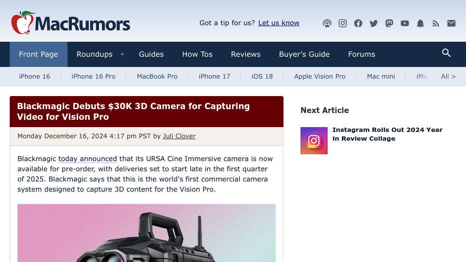 Screenshot of macrumors.com: Blackmagic Debuts $30K 3D Camera for Capturing Video for Vision Pro