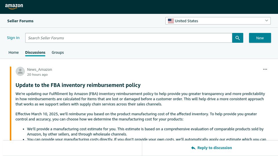 Screenshot of sellercentral.amazon.com: Amazon forces sellers to divulge COGS, won't reimburse other costs