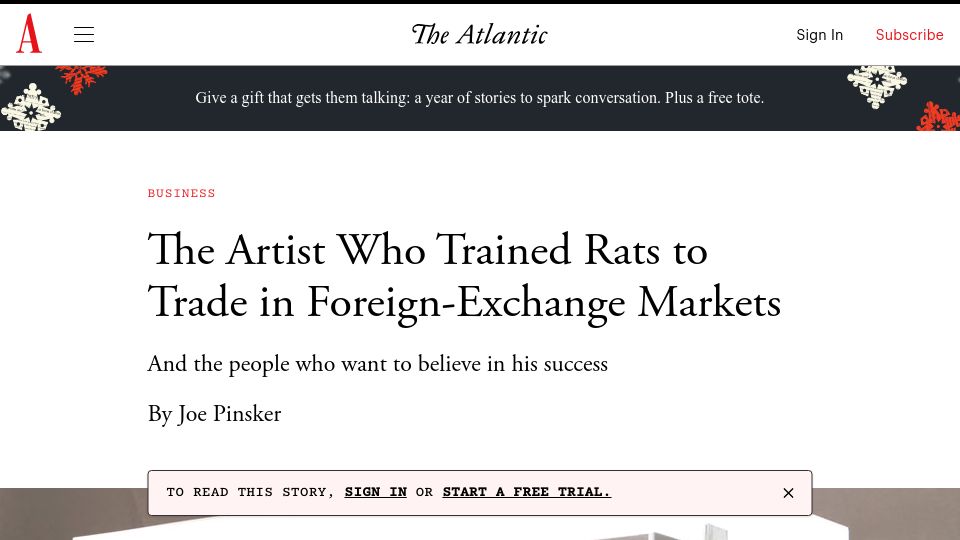 Screenshot of theatlantic.com: An artist who trained rats to trade in foreign-exchange markets (2014)