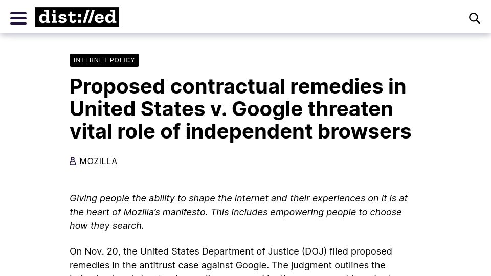 Screenshot of blog.mozilla.org: Mozilla: Proposals in US vs. Google threaten vital role of independent browsers