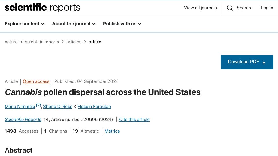 Screenshot of nature.com: Cannabis pollen dispersal across the United States