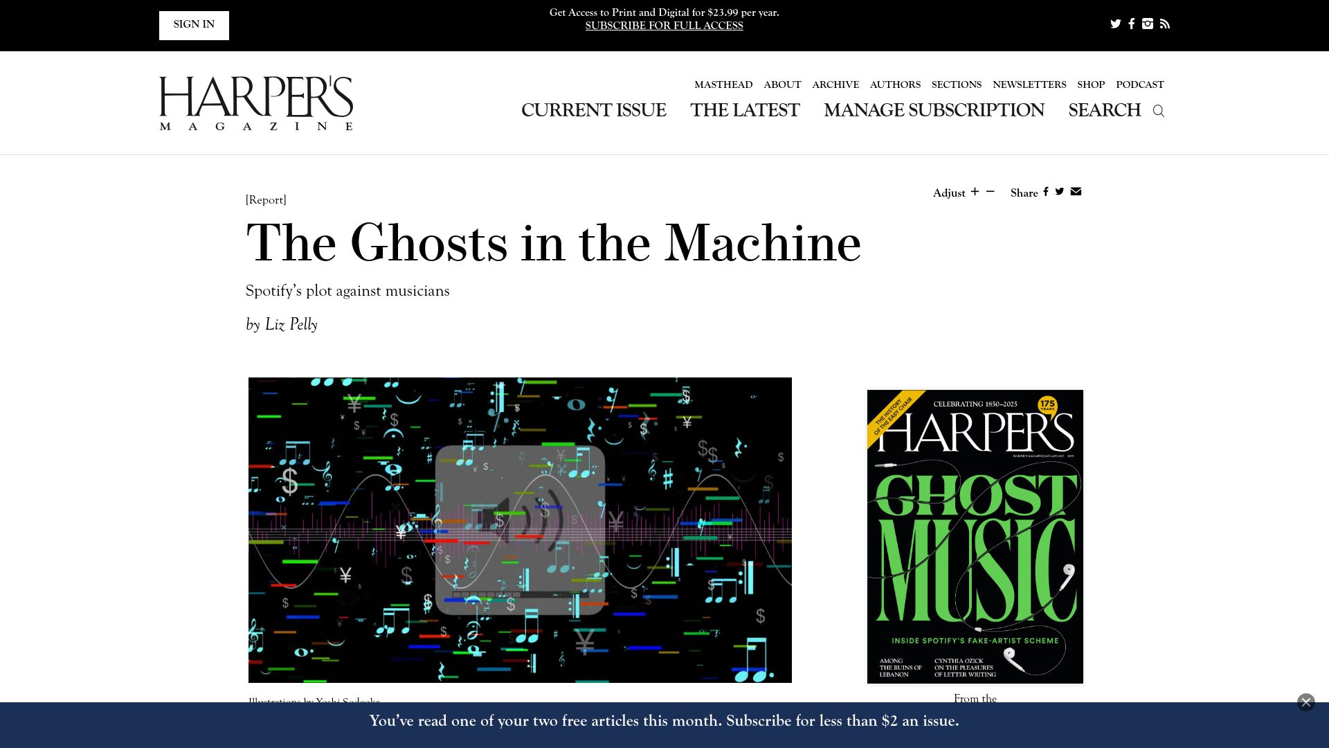 Screenshot of harpers.org: Ghost artists on Spotify
