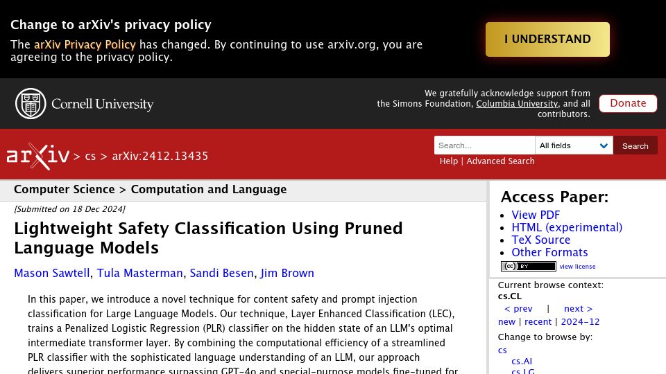 Screenshot of arxiv.org: Lightweight Safety Classification Using Pruned Language Models