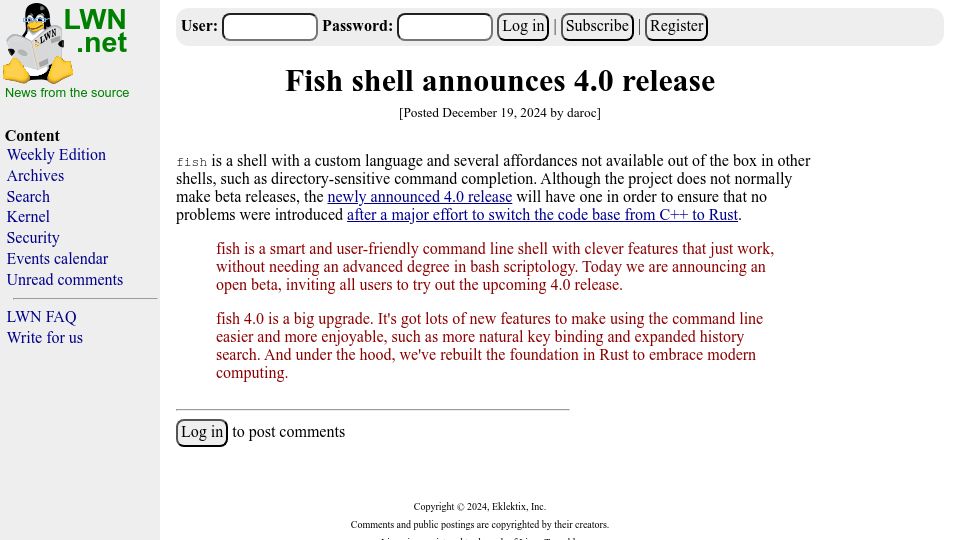 Screenshot of lwn.net: Fish shell announces 4.0 release