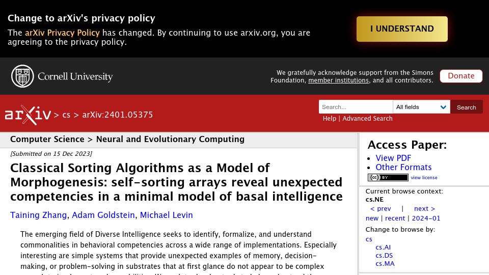 Screenshot of arxiv.org: Classical sorting algorithms as a model of morphogenesis (2023)