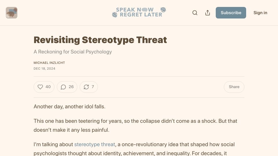 Screenshot of speakandregret.michaelinzlicht.com: Revisiting Stereotype Threat