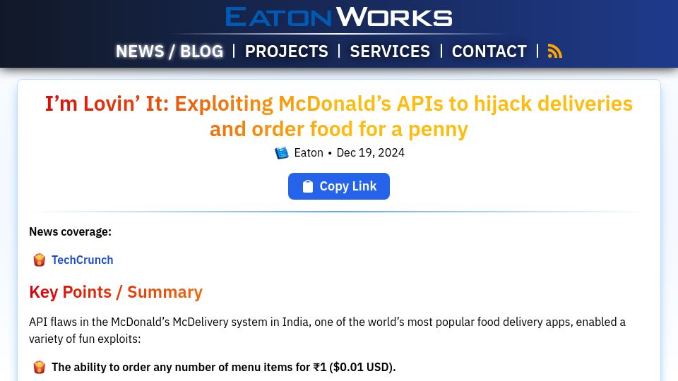 Screenshot of eaton-works.com: Exploiting McDonald's APIs to hijack deliveries and order food for a penny