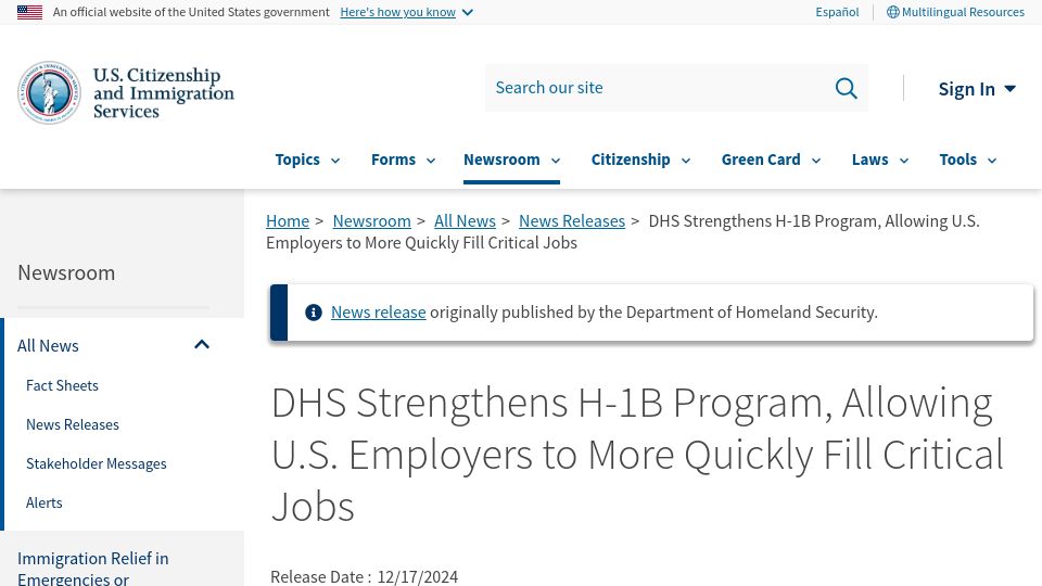 Screenshot of uscis.gov: Updates to H-1B