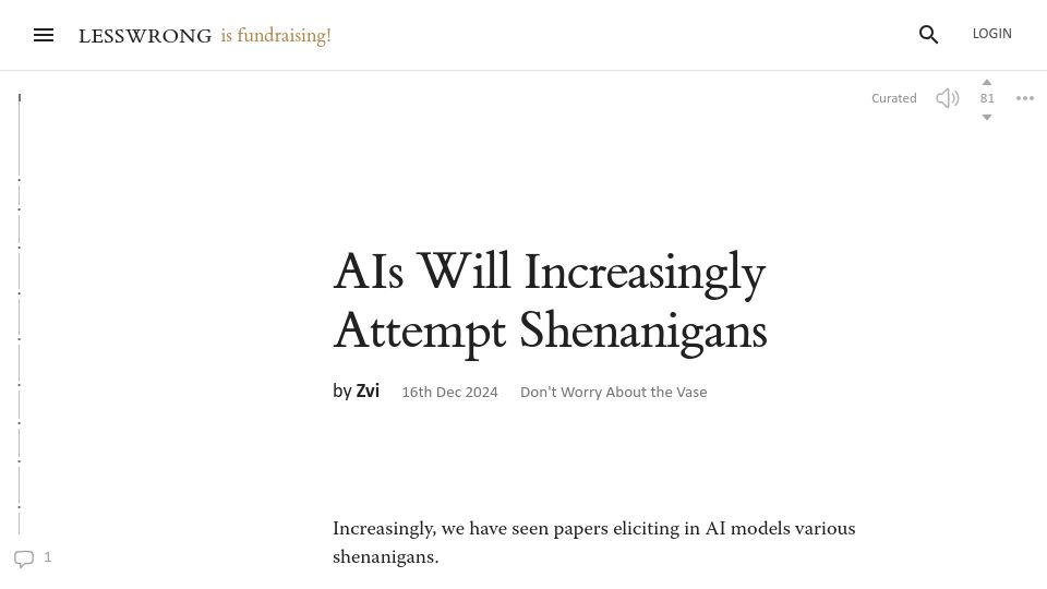 Screenshot of lesswrong.com: AIs Will Increasingly Attempt Shenanigans
