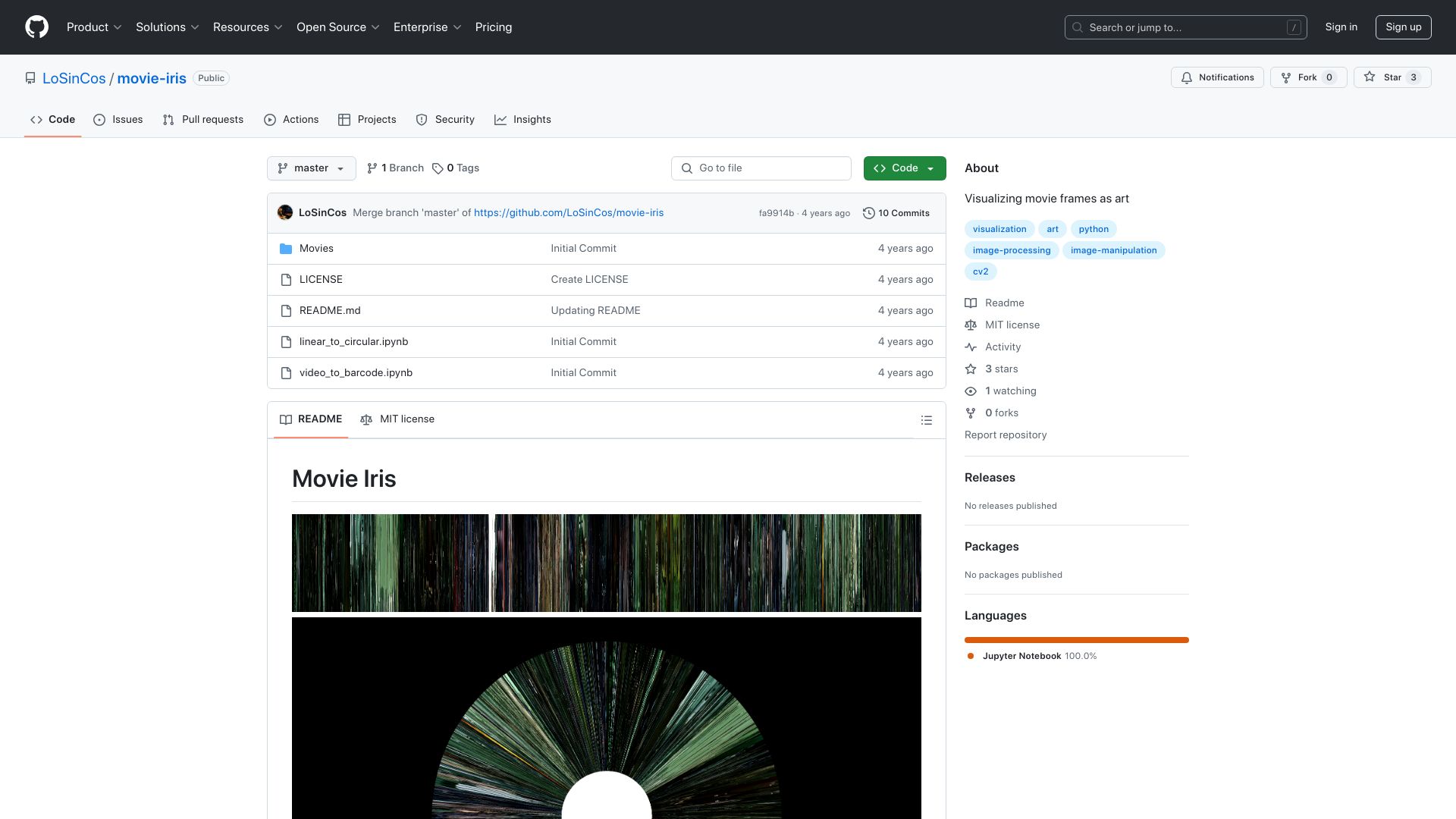 Screenshot of github.com: Show HN: Movie Iris - Visualizing Films Through Color Extraction