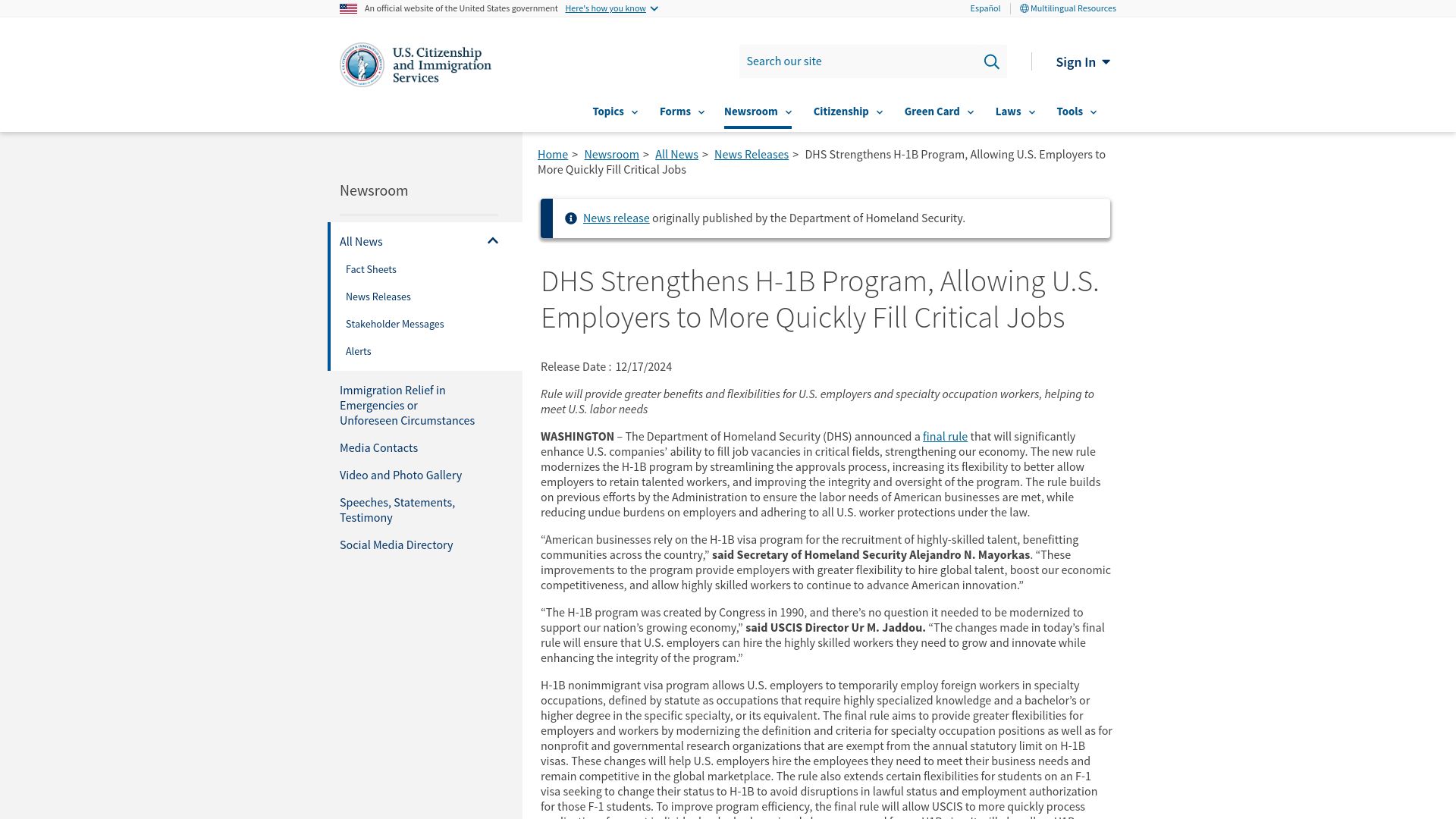 Screenshot of uscis.gov: Updates to H-1B