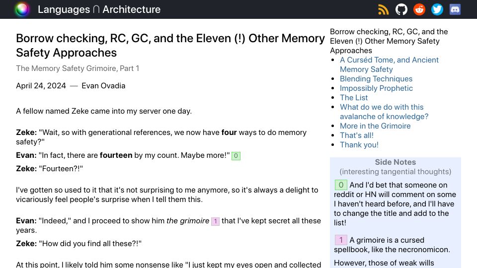 Screenshot of verdagon.dev: Borrow Checking, RC, GC, and Eleven Other Memory Safety Approaches