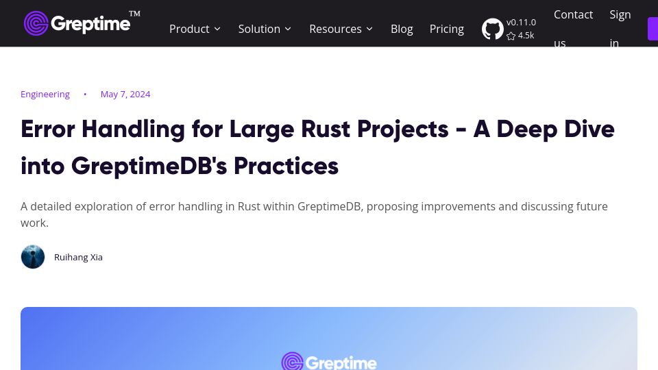 Screenshot of greptime.com: Error Stacking in Rust