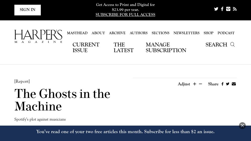 Screenshot of harpers.org: The Ghosts in the Machine – Spotify's plot against musicians