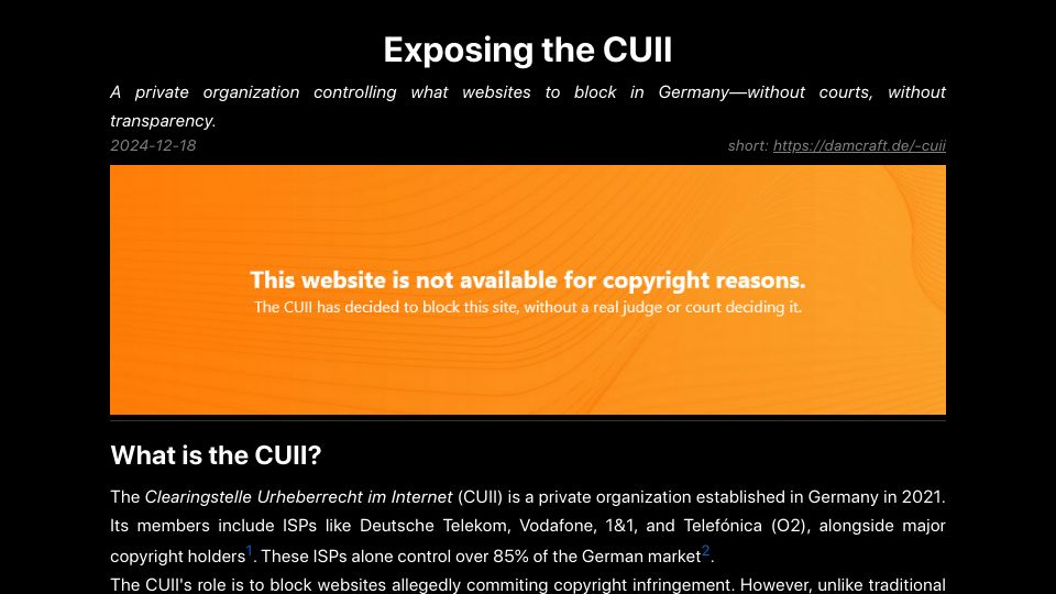 Screenshot of damcraft.de: Exposing the Clearingstelle Urheberrecht Im Internet (CUII)