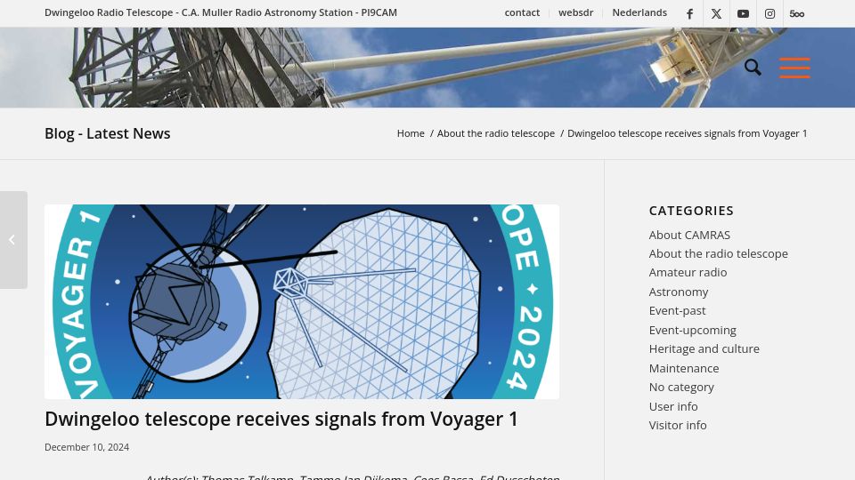 Screenshot of camras.nl: Ham radio operators receive signals from Voyager 1 on Dwingeloo telescope