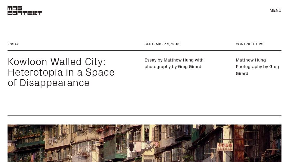 Screenshot of mascontext.com: Kowloon Walled City: Heterotopia in a Space of Disappearance (2013)