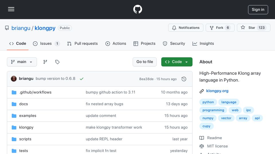 Screenshot of github.com: KlongPy: High-Performance Array Programming in Python