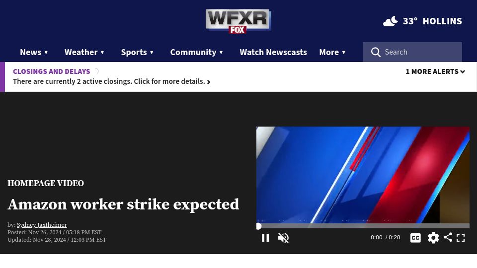Screenshot of wfxrtv.com: Amazon Workers on Strike from Black Friday to Cyber Monday
