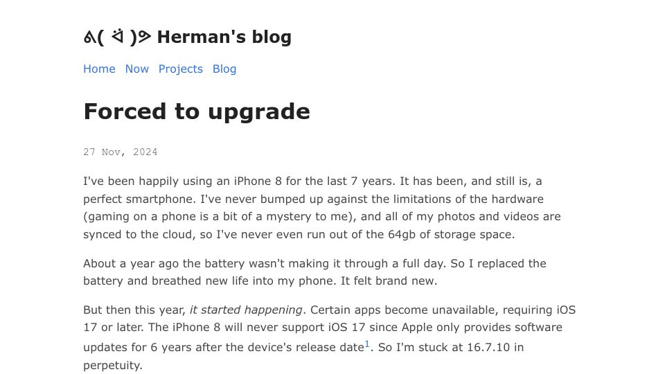 Screenshot of herman.bearblog.dev: Forced to upgrade