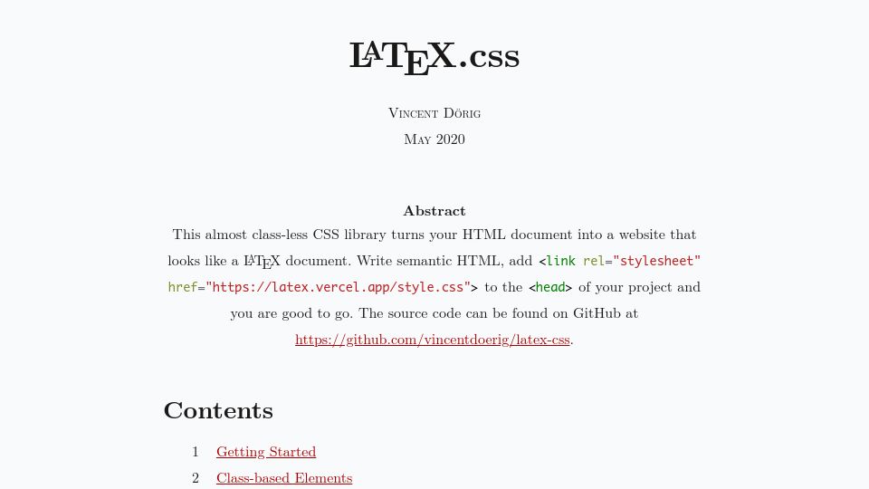 Screenshot of latex.vercel.app: LaTeX.css – Make your website look like a LaTeX document