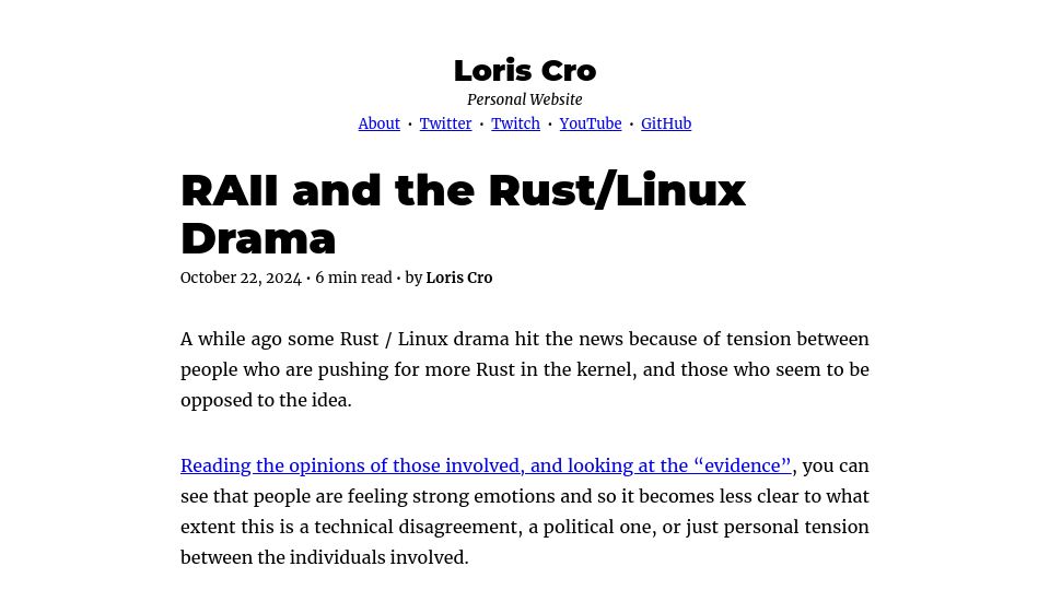 Screenshot of kristoff.it: RAII and the Rust/Linux Drama