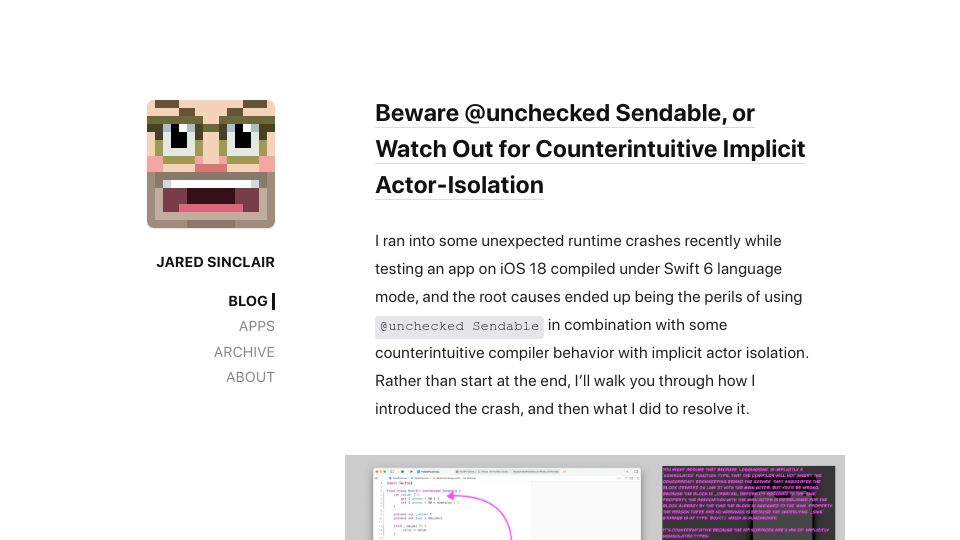 Screenshot of jaredsinclair.com: Watch Out for Counterintuitive Implicit Actor-Isolation
