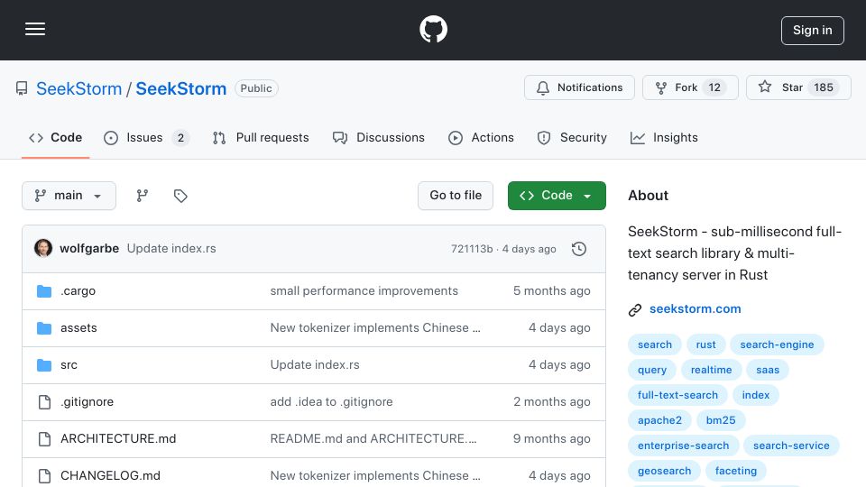 Screenshot of github.com: Show HN: SeekStorm – open-source sub-millisecond search in Rust