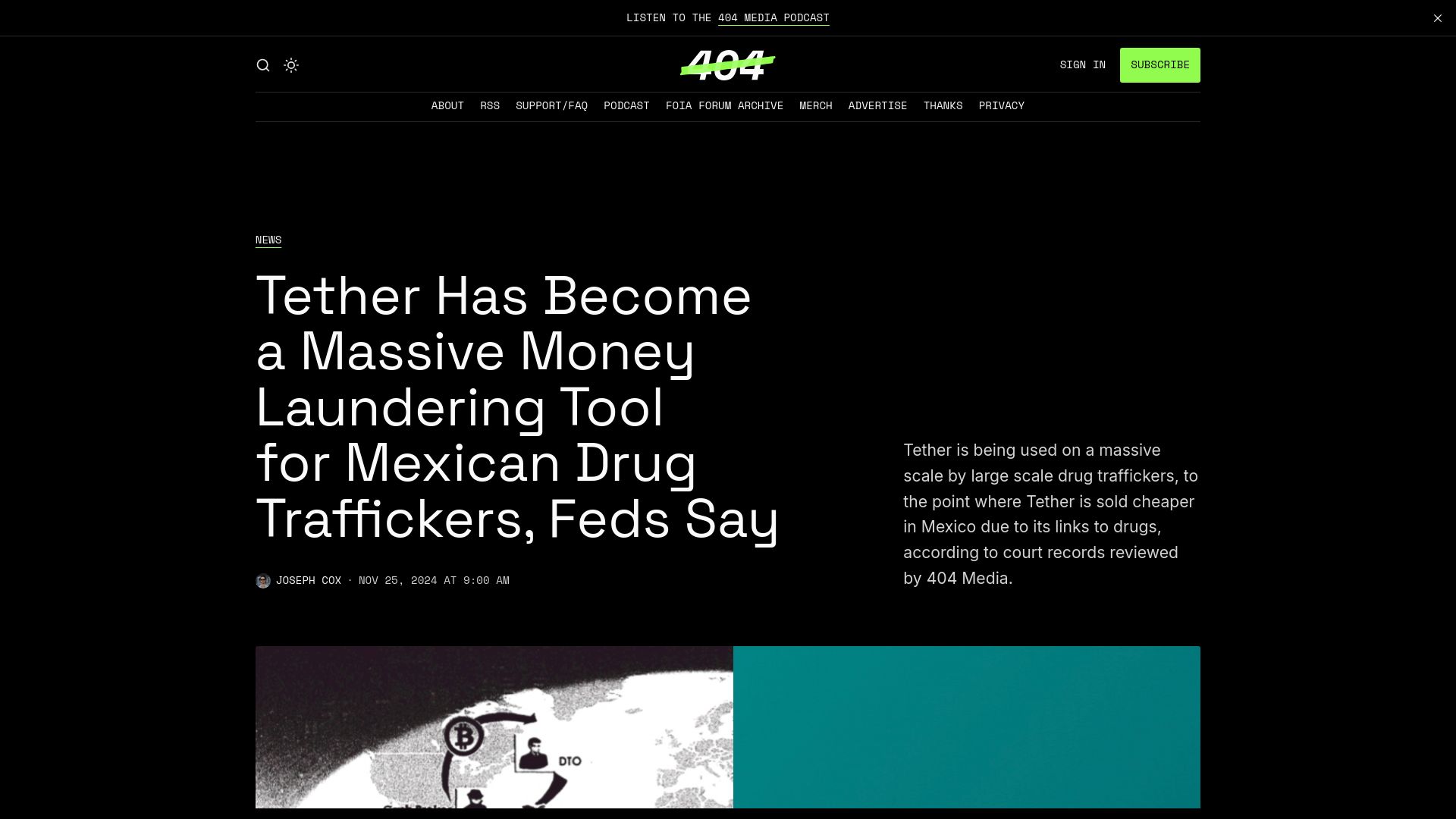 Screenshot of 404media.co: Feds: Tether Has Become a Money Laundering Tool for Mexican Drug Trafficker