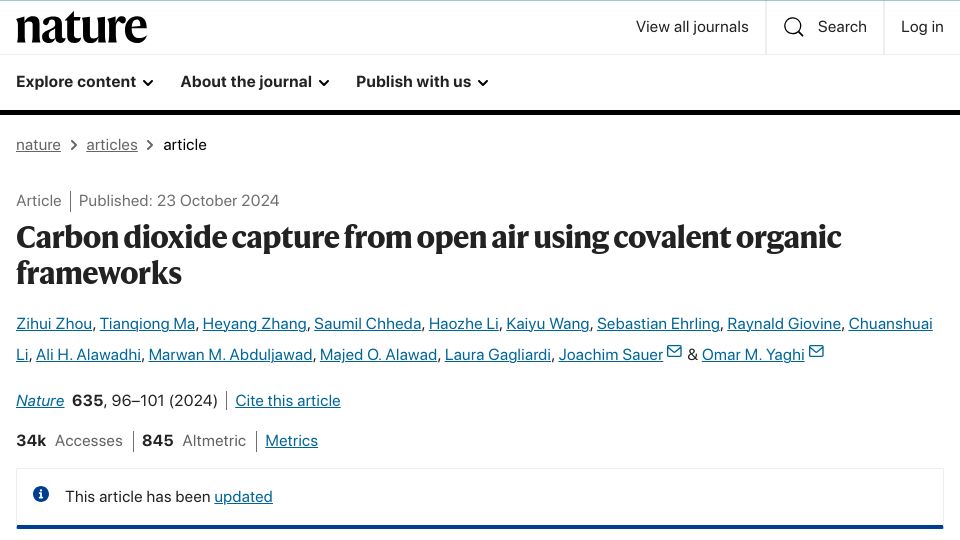 Screenshot of nature.com: Carbon dioxide capture from open air using covalent organic frameworks
