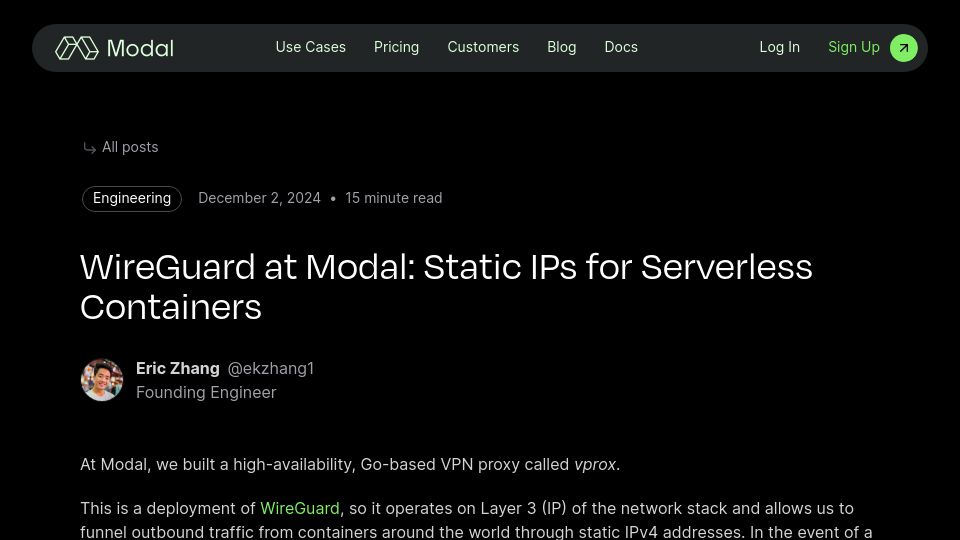 Screenshot of modal.com: Static IPs for Serverless Containers
