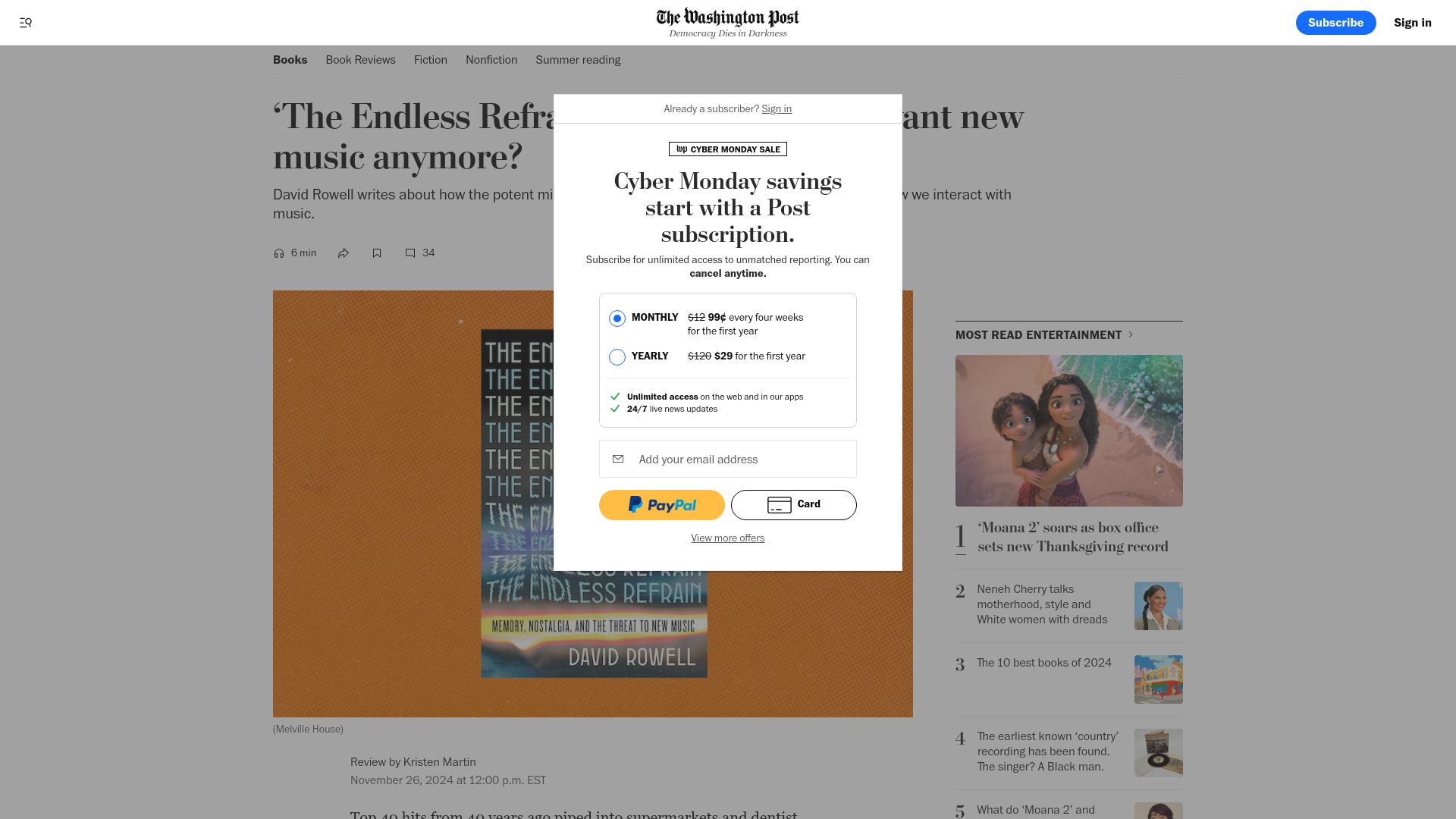 Screenshot of washingtonpost.com: 'The Endless Refrain' asks: Do we even want new music anymore?