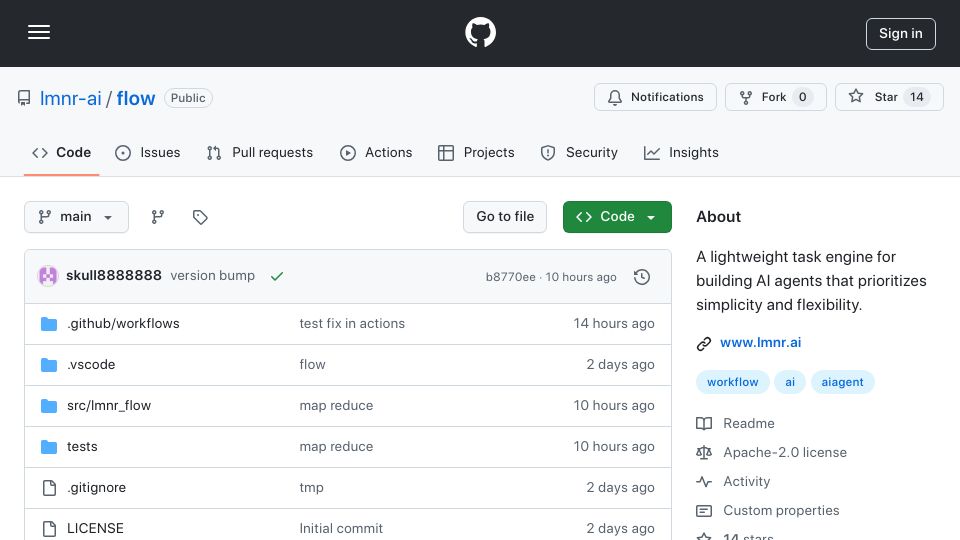 Screenshot of github.com: Show HN: Flow – A dynamic task engine for building AI agents