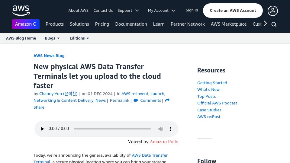 Screenshot of aws.amazon.com: New physical AWS Data Transfer Terminals let you upload to the cloud faster