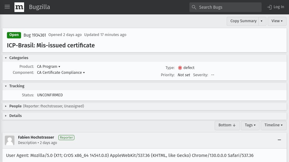 Screenshot of bugzilla.mozilla.org: ICP-Brasil: Mis-issued certificate