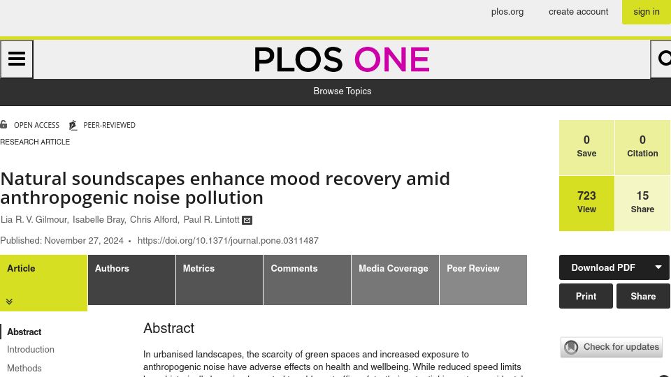 Screenshot of journals.plos.org: Natural soundscapes enhance mood recovery amid anthropogenic noise pollution