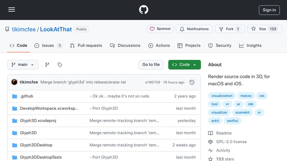 Screenshot of github.com: Show HN: Glyph3D – A 3D text visualizer for macOS and iOS / iPadOS