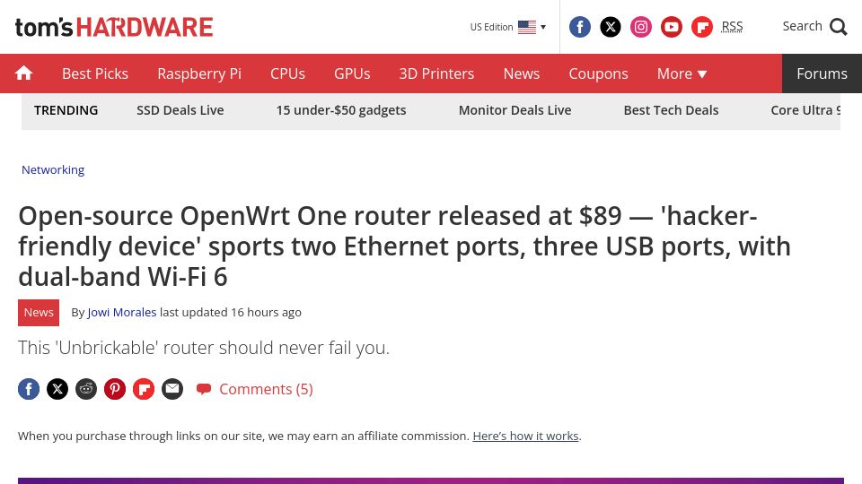 Screenshot of tomshardware.com: Open-source OpenWrt One router released at $89 – 'hacker-friendly device'
