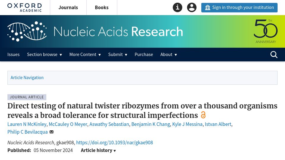Screenshot of academic.oup.com: Direct testing of natural twister ribozymes from over a thousand organisms