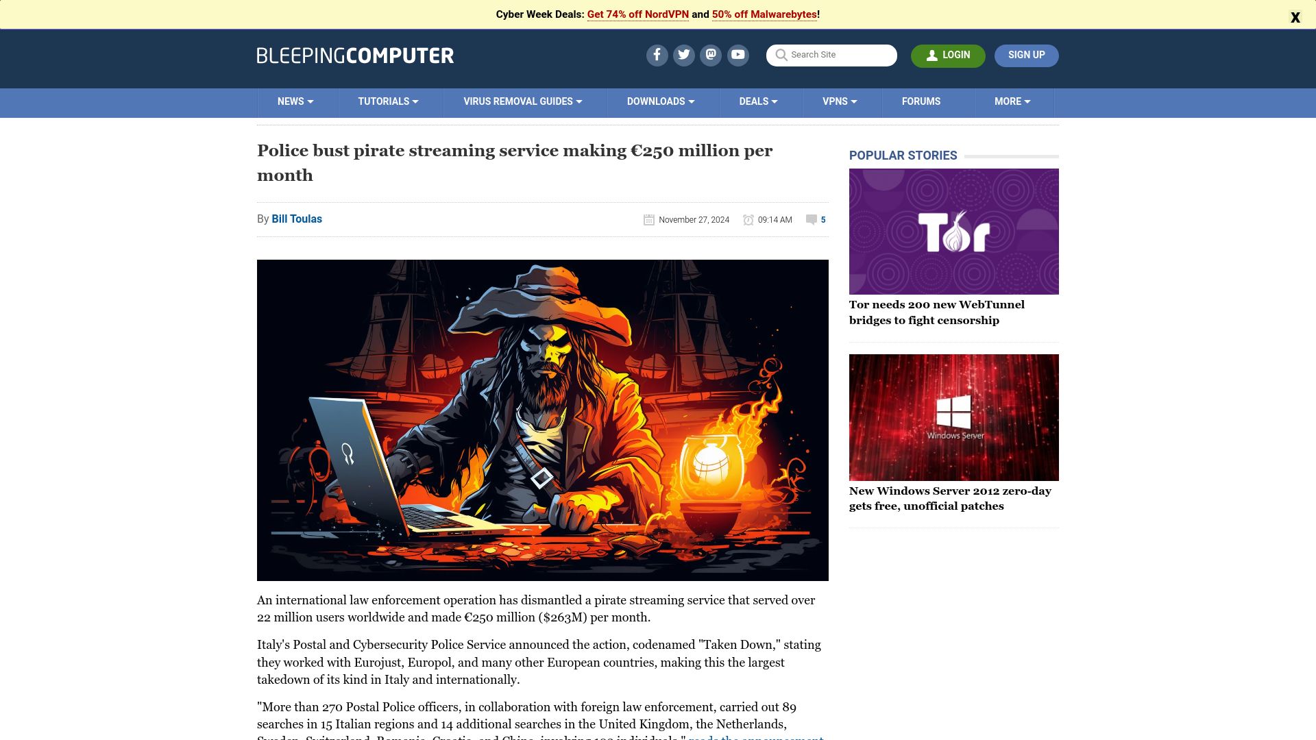 Screenshot of bleepingcomputer.com: Police bust pirate streaming service making €250M per month