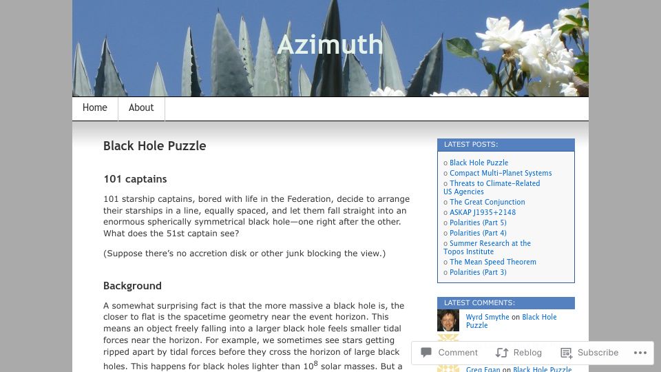 Screenshot of johncarlosbaez.wordpress.com: Black Hole Puzzle