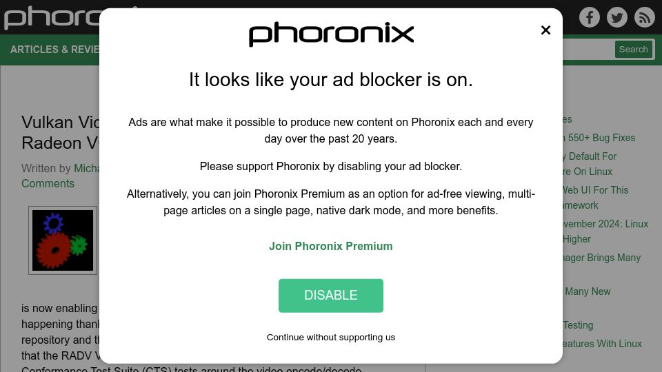 Screenshot of phoronix.com: Vulkan Video Now Enabled by Default for Radeon VCN2/VCN3 Hardware on Linux