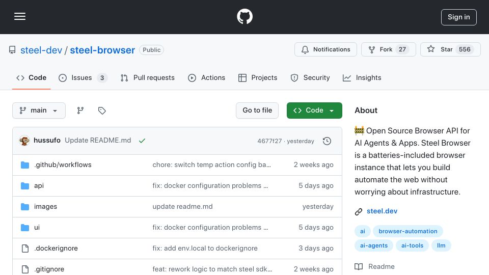 Screenshot of github.com: Show HN: Steel.dev – An open-source browser API for AI agents and apps