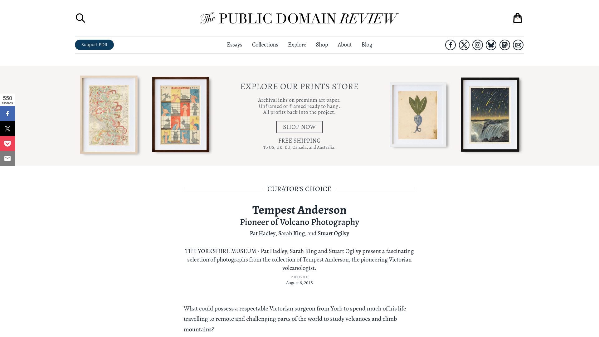 Screenshot of publicdomainreview.org: Tempest Anderson: Pioneer of Volcano Photography (2015)