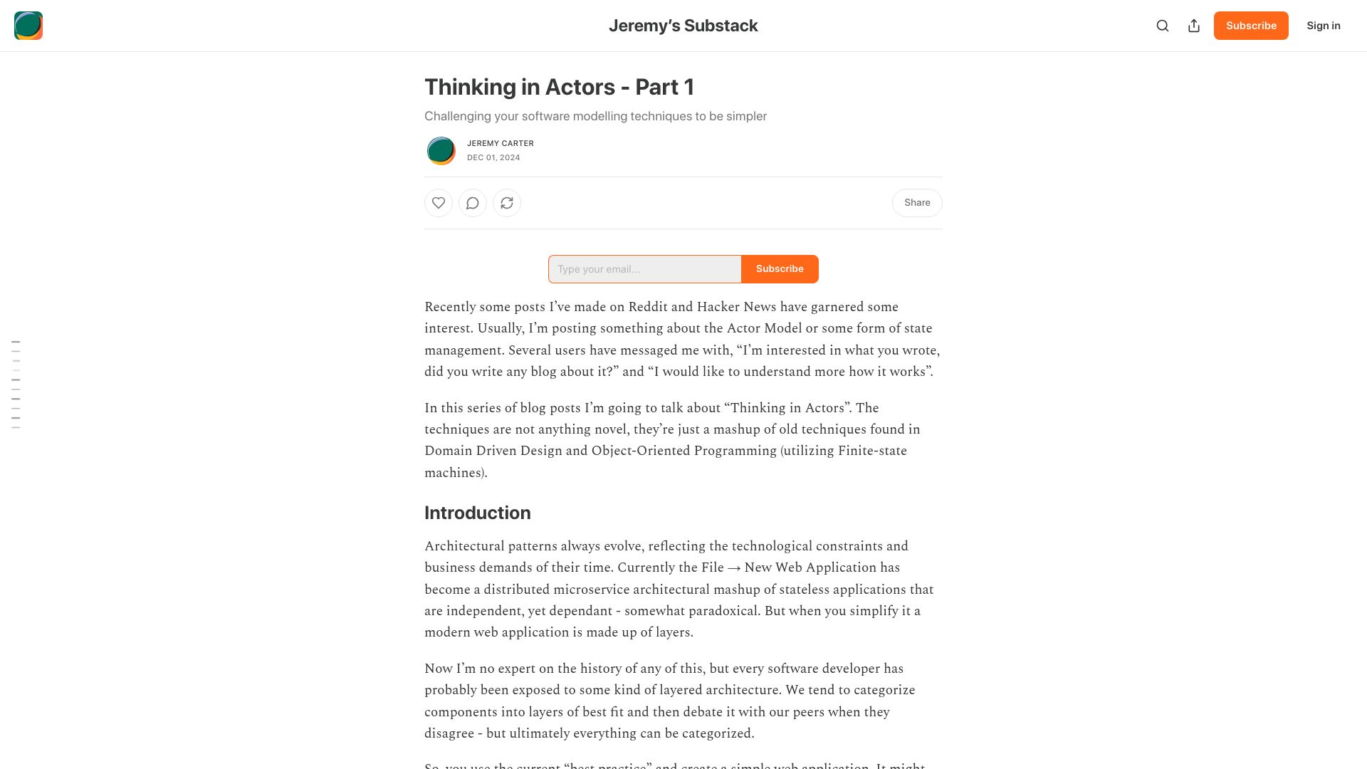 Screenshot of jeremycarterau.substack.com: Thinking in Actors – Challenging your software modelling to be simpler