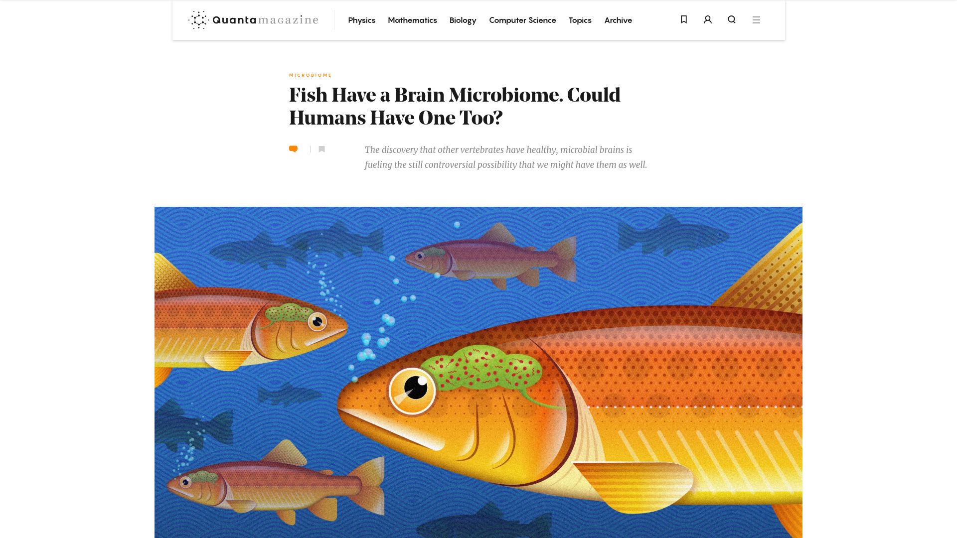 Screenshot of quantamagazine.org: Fish have a brain microbiome – could humans have one too?