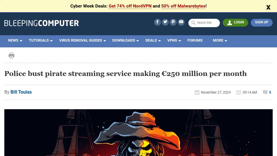 Screenshot of bleepingcomputer.com: Police bust pirate streaming service making €250M per month
