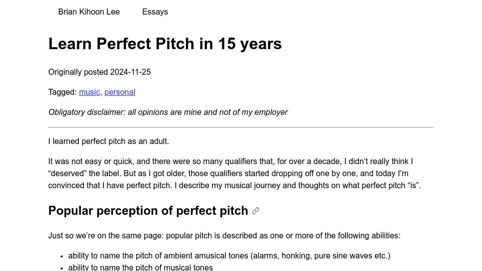 Screenshot of moderndescartes.com: Learn perfect pitch in 15 years