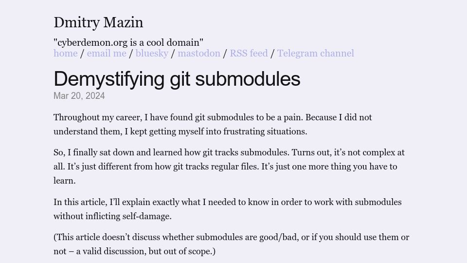 Screenshot of cyberdemon.org: Demystifying Git Submodules