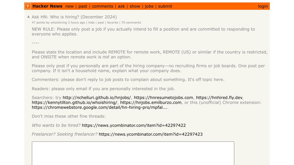 Screenshot of Hacker News post: Ask HN: Who is hiring? (December 2024)